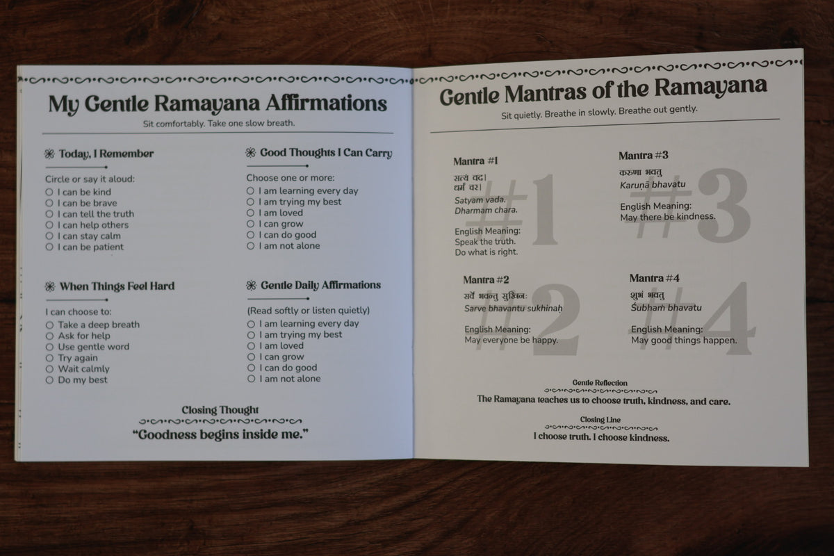 Inside Ramayana Activity Book with affirmations and gentle mantras