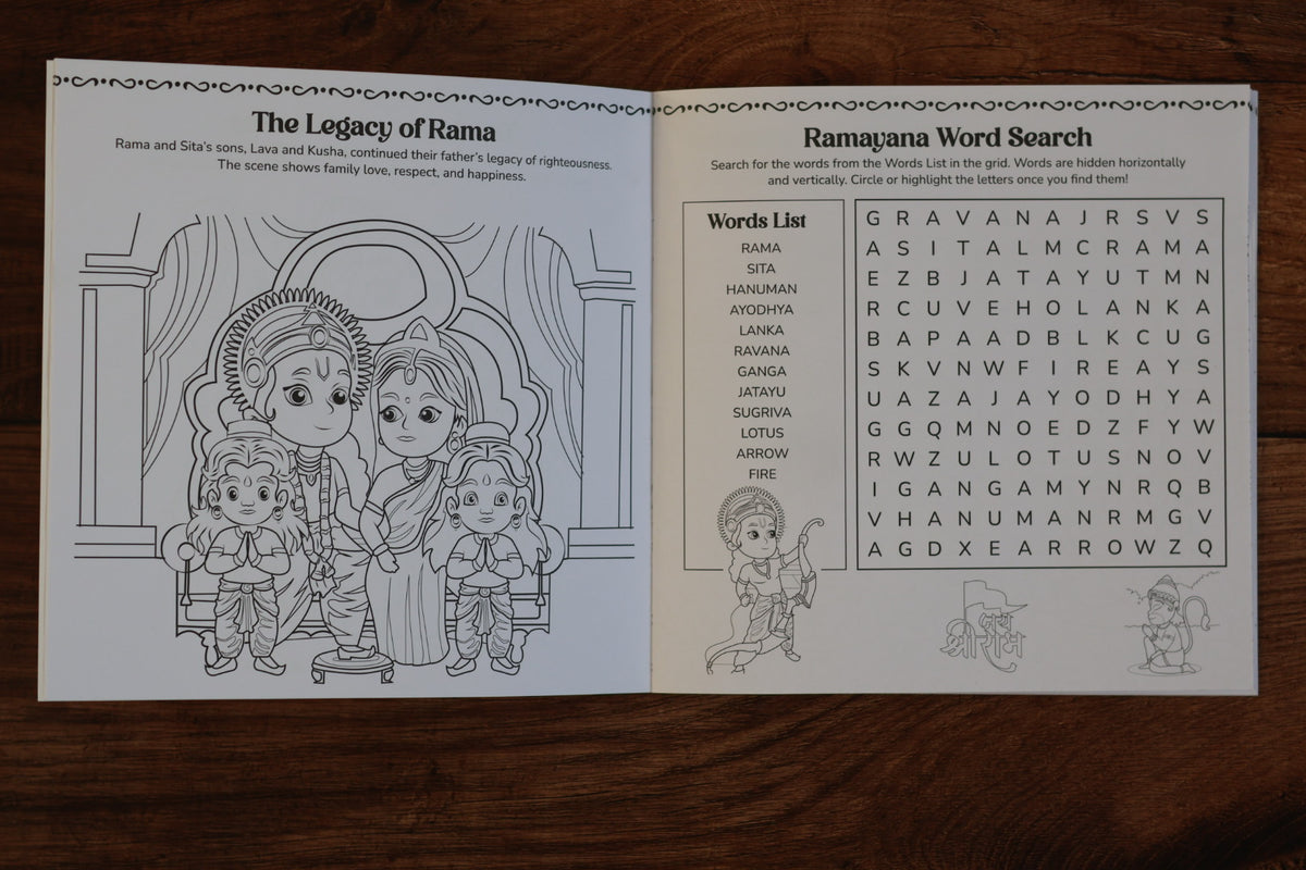Inside Ramayana Activity Book with coloring and word search pages