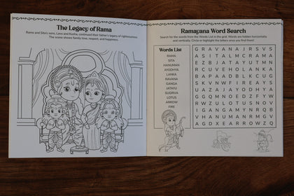 Ramayana Activity Book inside spread with coloring and word search activities