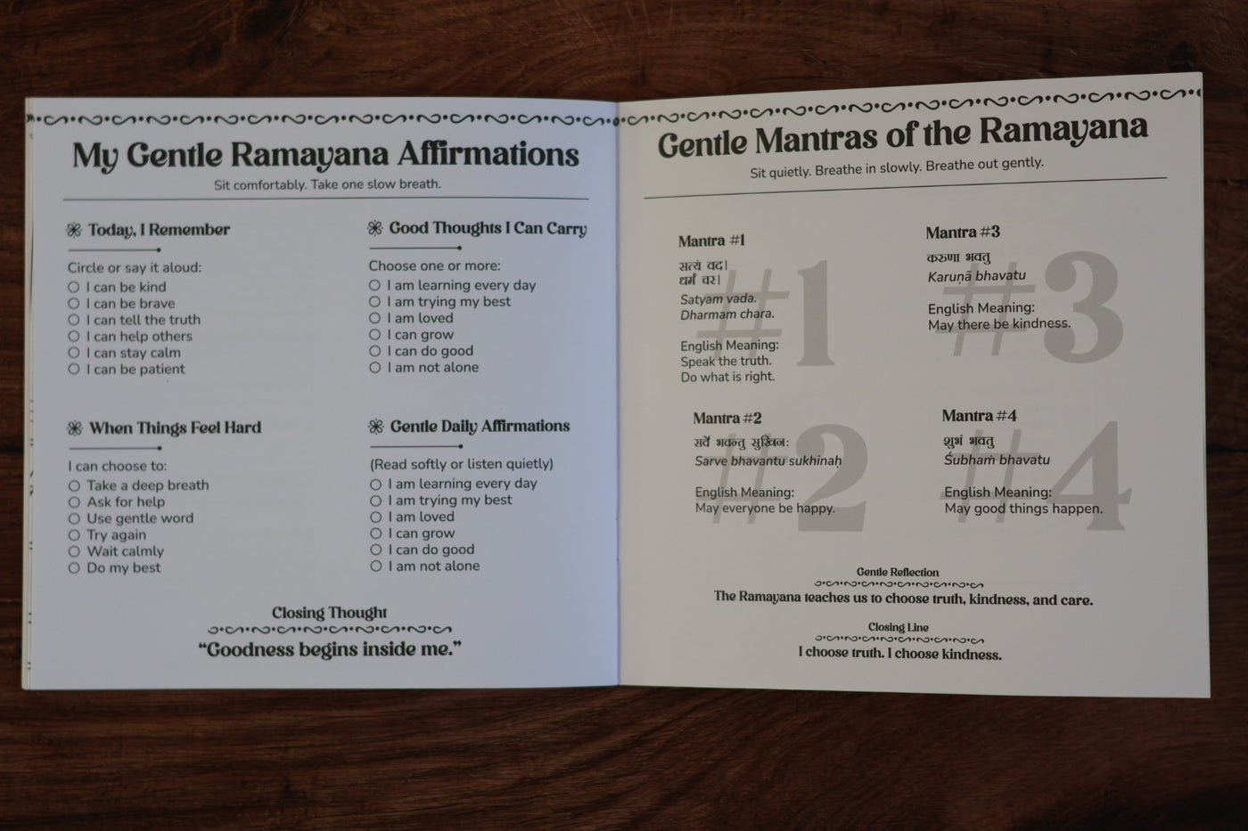 Inside Ramayana Activity Book with affirmations and gentle mantras