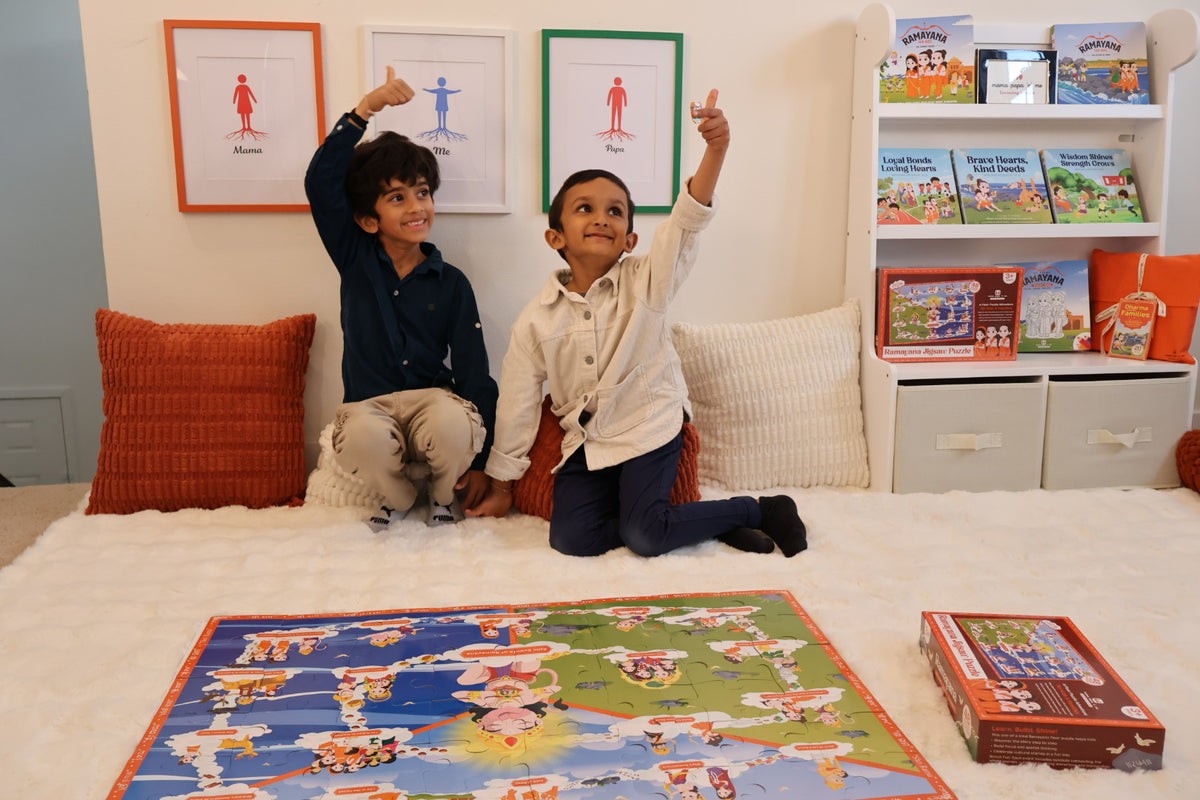 Children enjoying the completed Ramayana floor puzzle